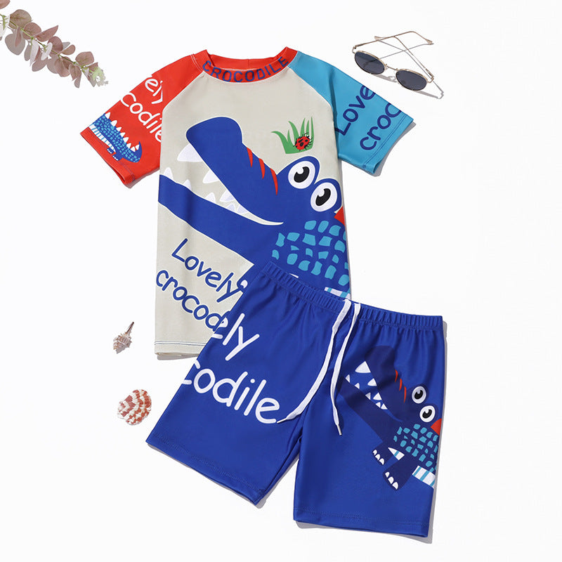 Boys’ crocodile swim rashguard and shorts set, white and royal blue with blue shorts