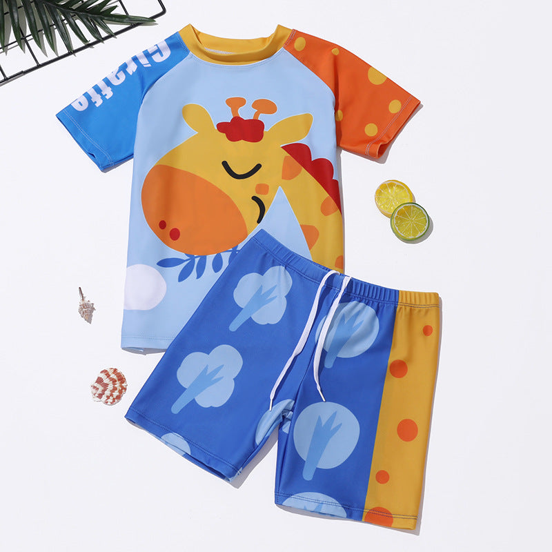 Boys’ animal swim rashguard and shorts set, white and blue with orange trim