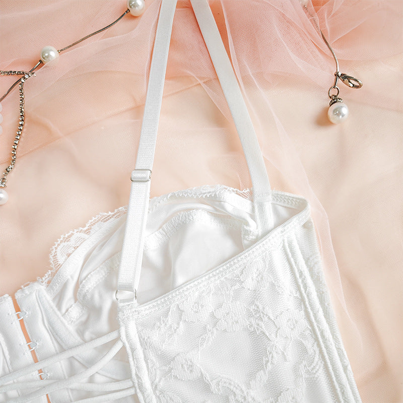 White lace corset vest with wide shoulder straps and open back