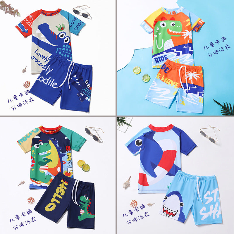 Kids boys swim rashguard and shorts set, cartoon crocodiles in multicolor designs