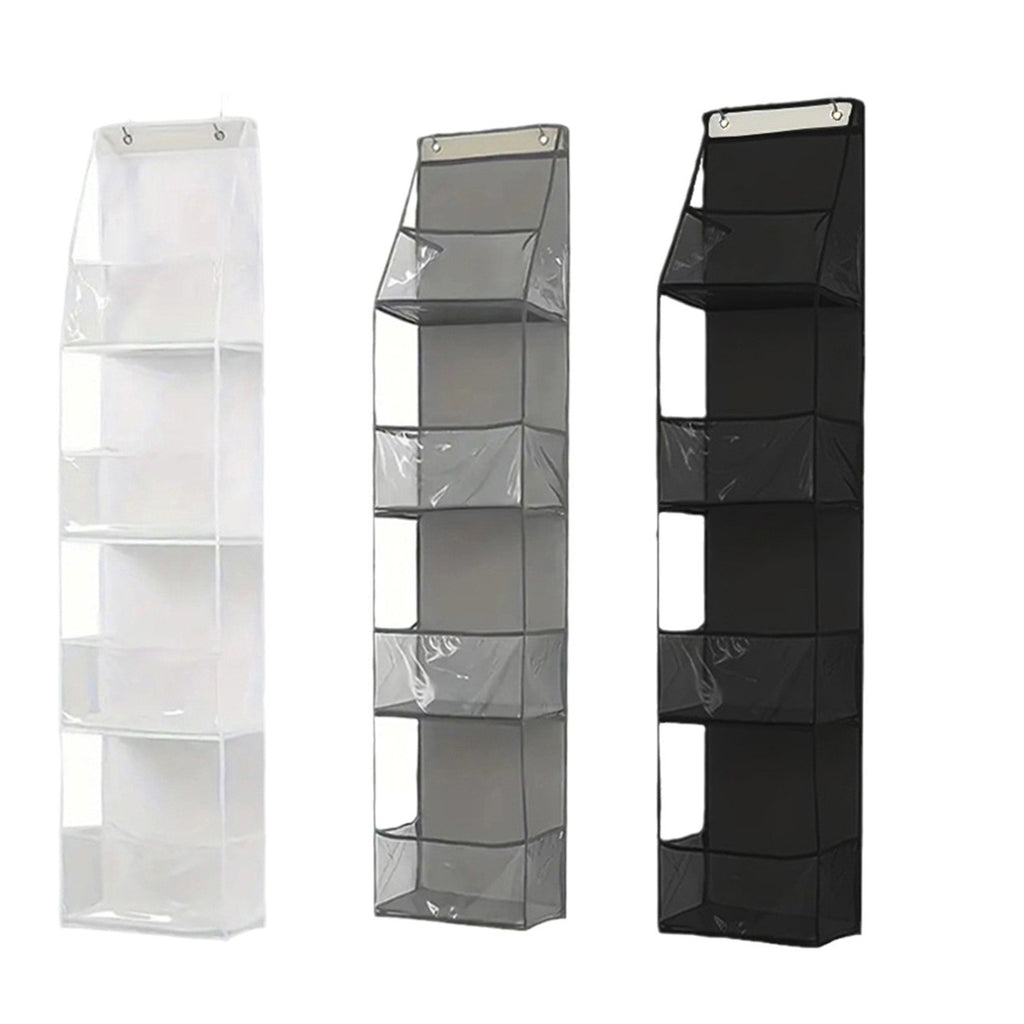 Hanging storage bag with clear multi-compartment shelves, white, gray, and black