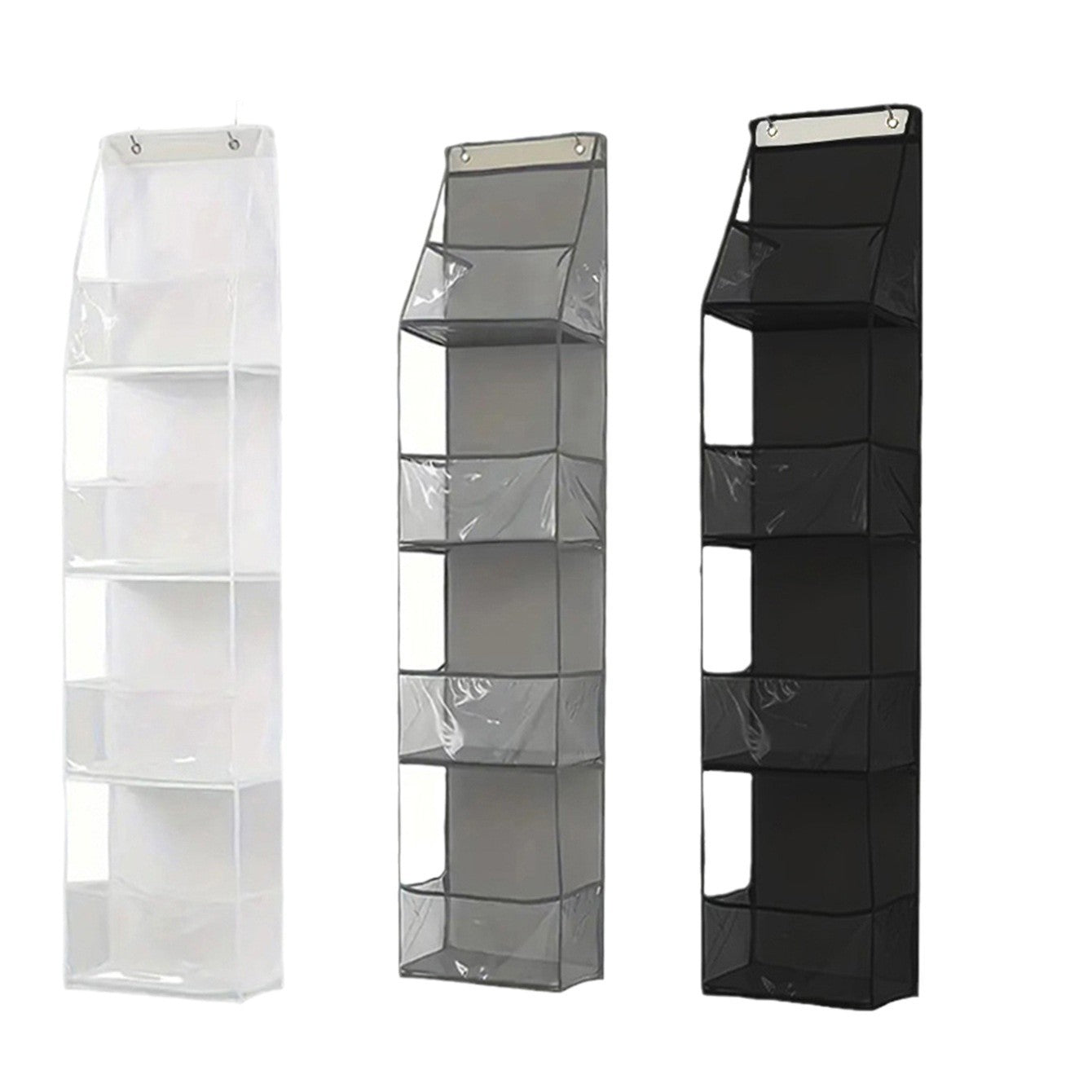 Hanging storage bag with clear multi-compartment shelves, white, gray, and black