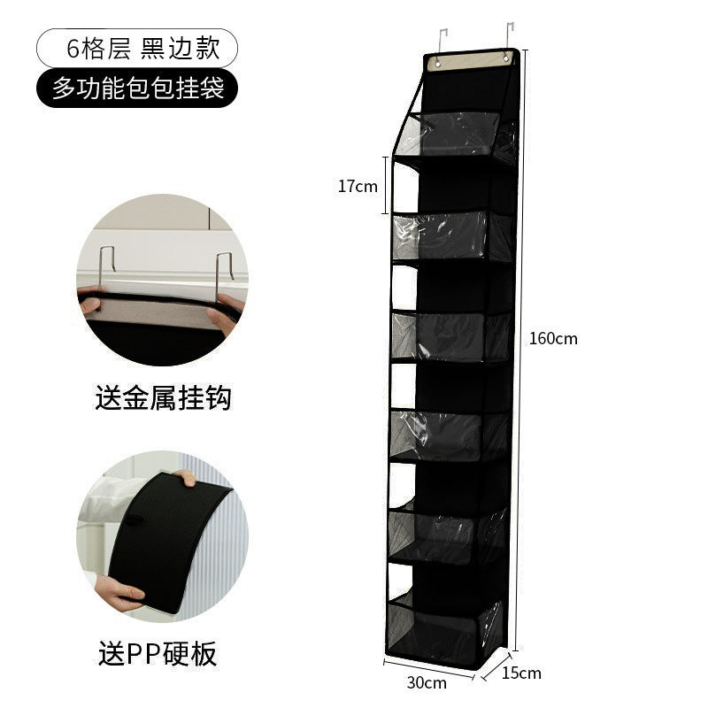 Wall-mounted hanging storage bag, 6-tier black vertical pockets with top hooks