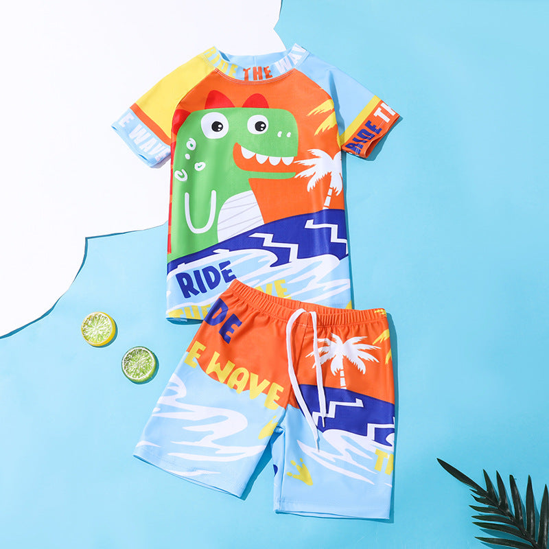 Boys’ crocodile swim rashguard and shorts set, colorful cartoon with green crocodile