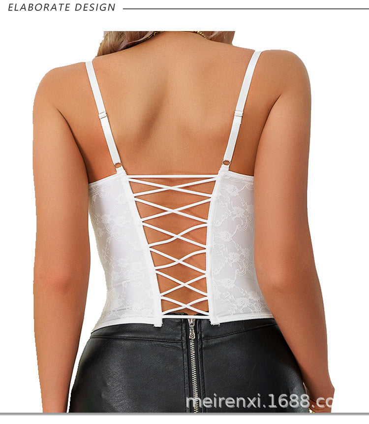 Back view of white lace corset vest with crisscross lace-up panel