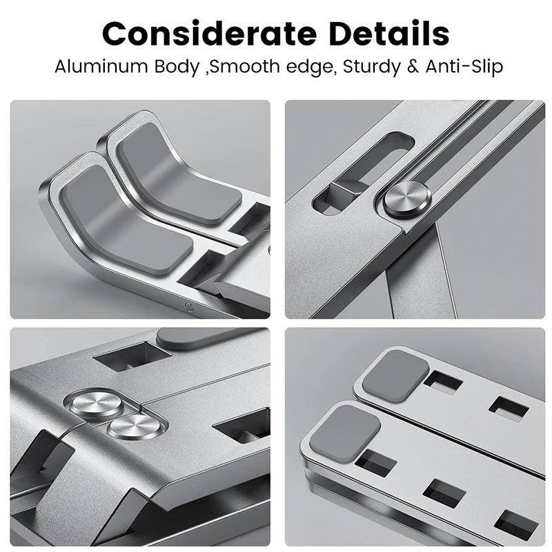 Silver aluminum laptop stand details: smooth edge, sturdy anti-slip base
