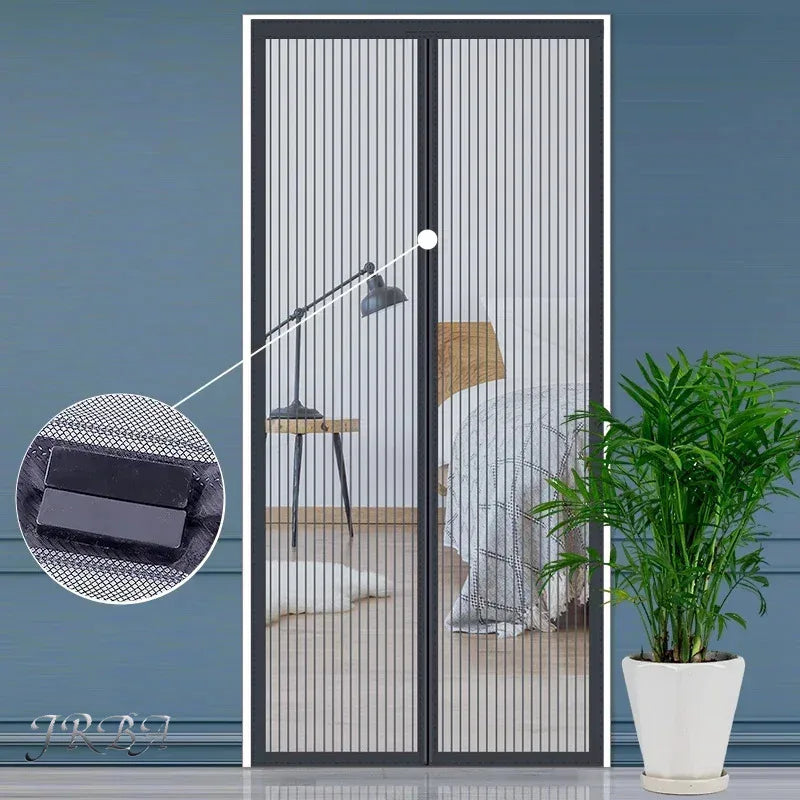Black-framed striped magnetic mesh door curtain with pull-open center panel