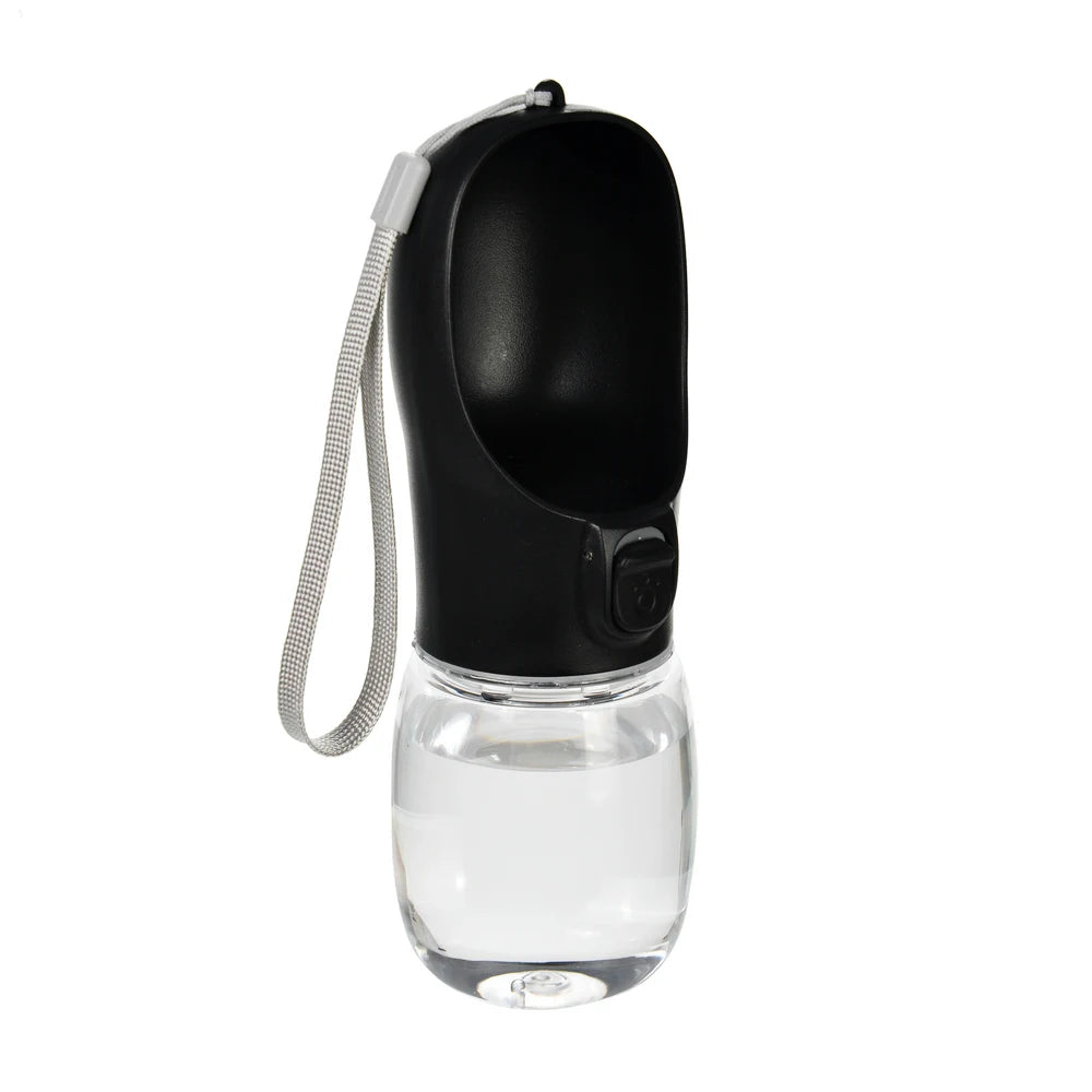 Portable pet water bottle with black flip-top and white base, with wrist strap