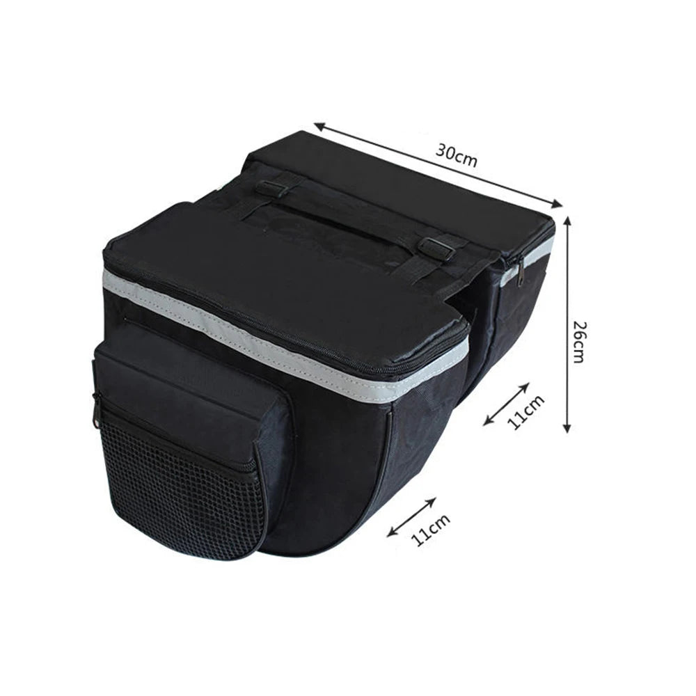 Black bicycle rear seat double pannier bag size view, 30cm length and 26cm height