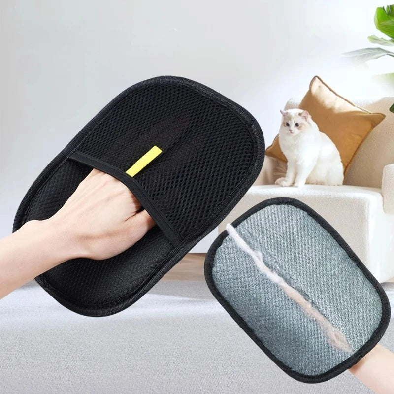 Black pet hair remover glove with gray lint pad for pet fur removal on sofa