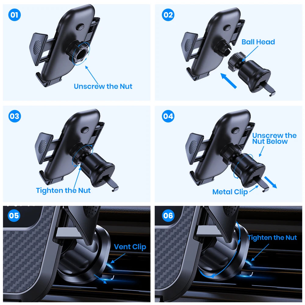 Car air-vent phone holder mount steps for tightening the nut and metal clip