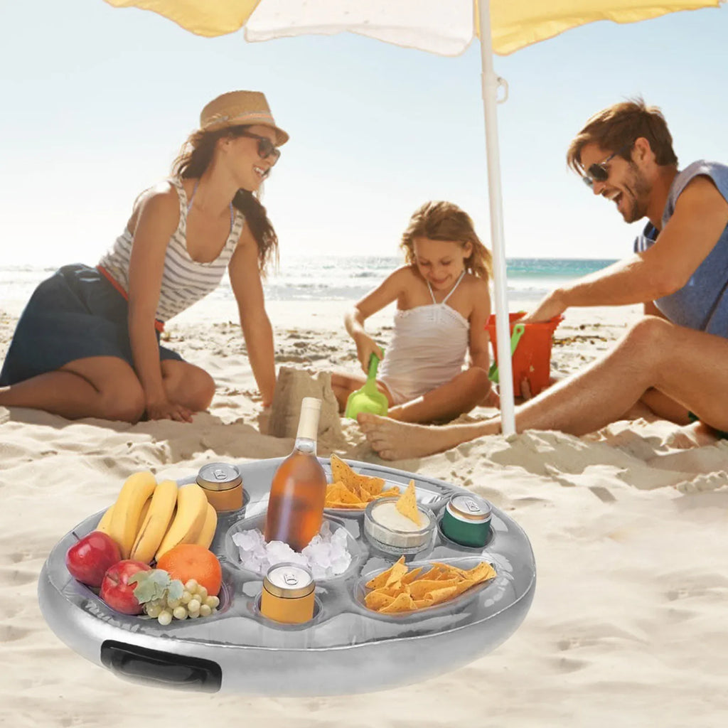Gray inflatable beach pool float with drink and cup holder tray