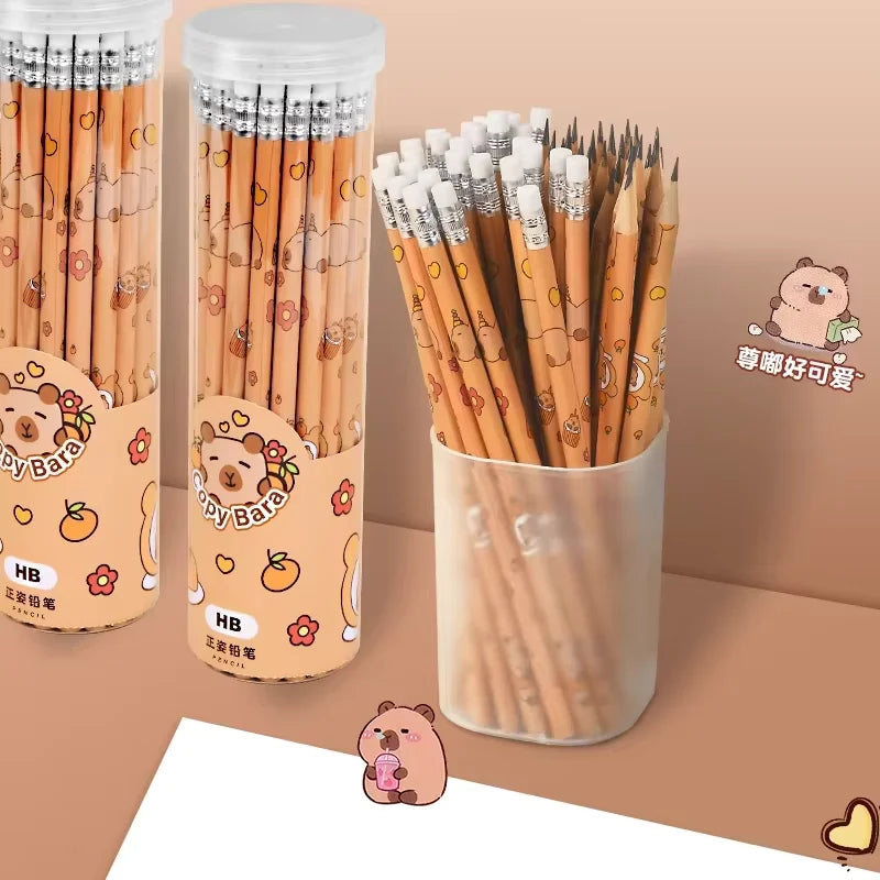 HB capybara cartoon pencils in clear buckets with pencil tips and sides visible