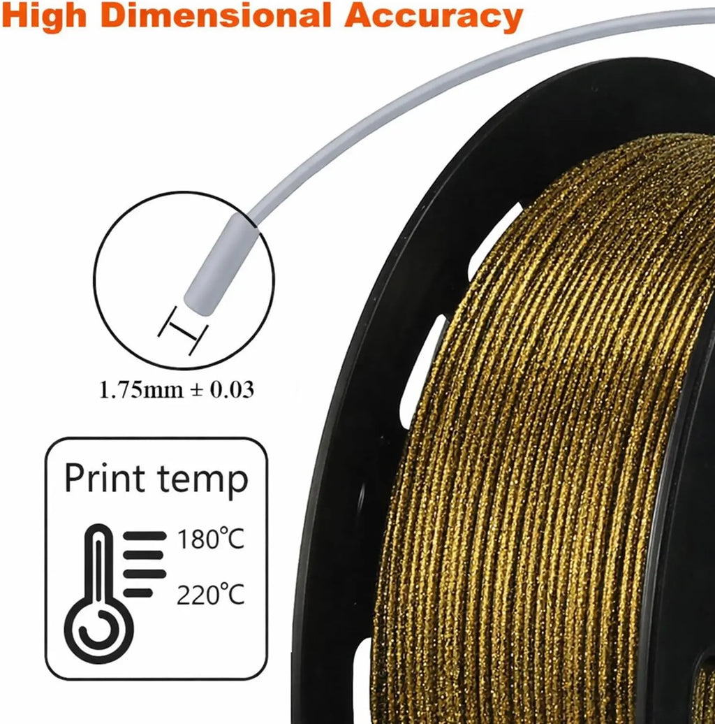 Gold glitter PLA filament close-up on a 1.75mm spool