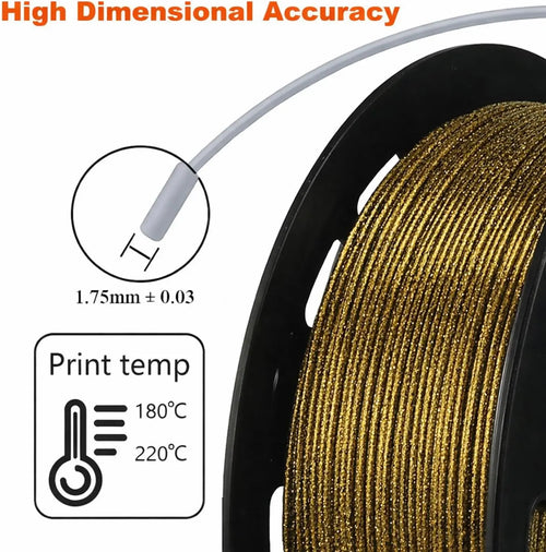 Gold glitter PLA filament close-up on a 1.75mm spool