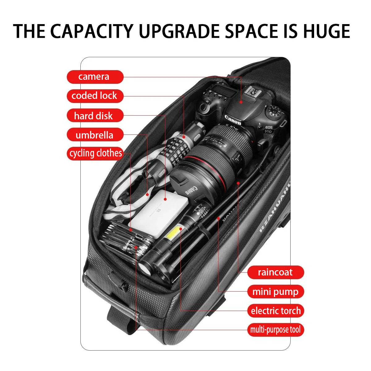 Hard-shell rear bike bag opened to show interior storage compartment for gear