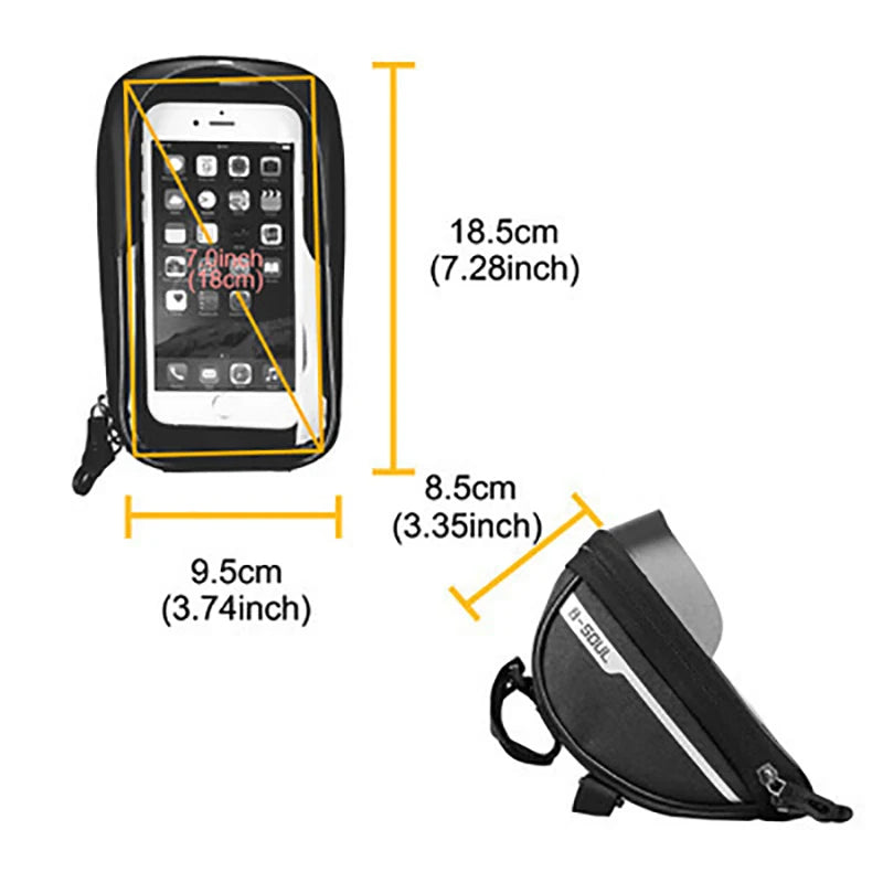 Black bike handlebar phone bag with clear touch-screen window (size diagram)