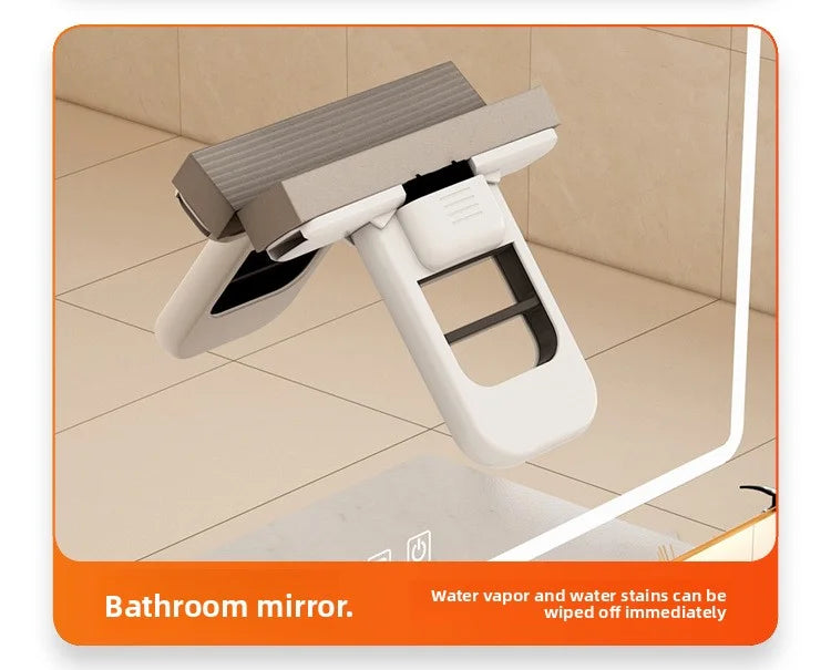 Desktop mop with gray ribbed head and orange insert for bathroom mirror wiping