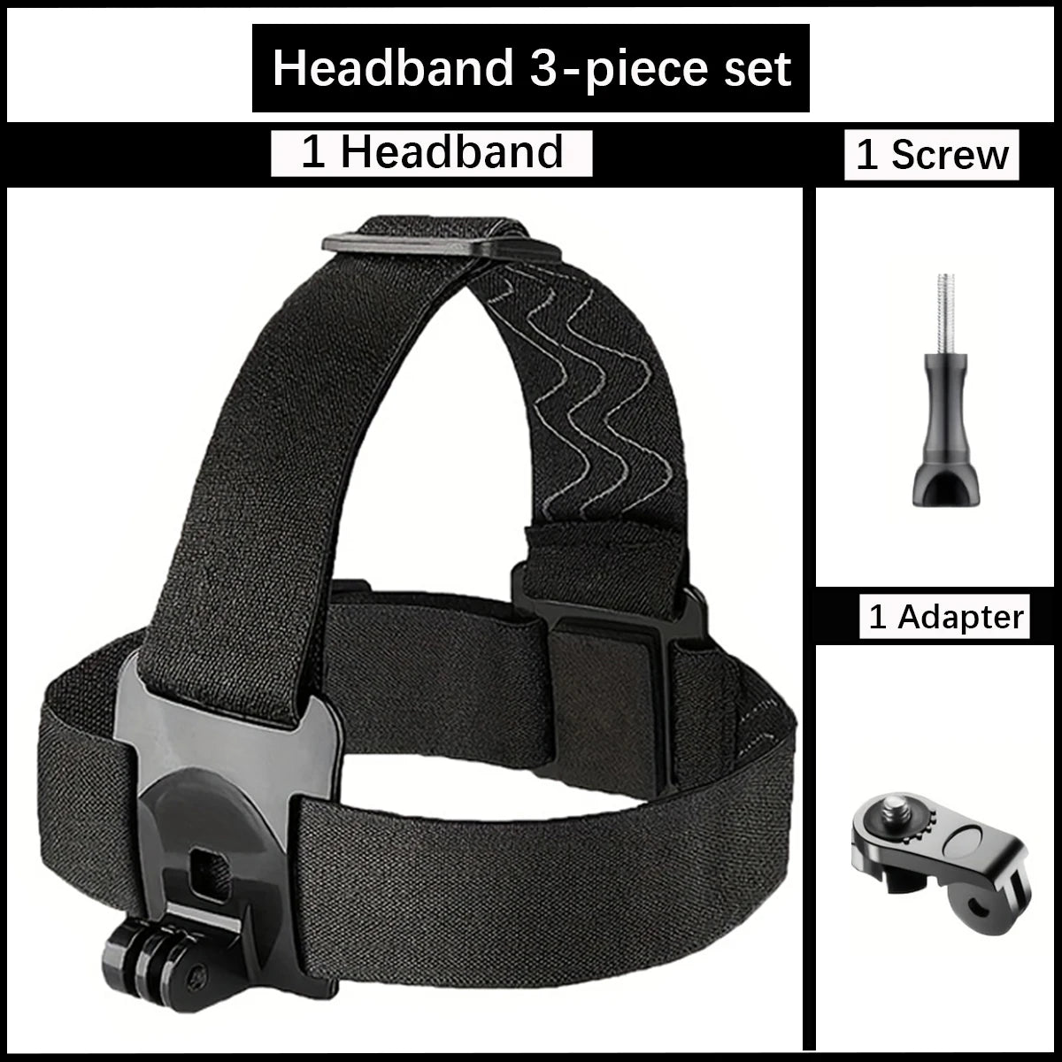 Headband 3-piece set with black fabric headband and mounting screw with adapter
