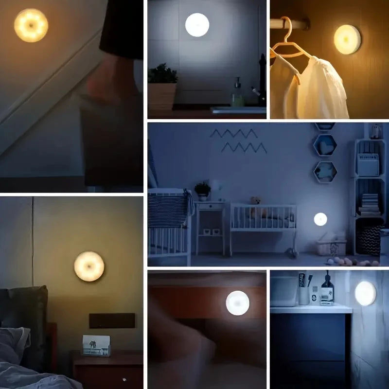 Wall-mounted round LED motion sensor night light, glowing in a dark room
