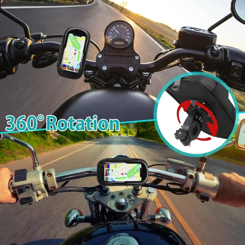 Black waterproof phone holder mounted on motorcycle handlebar with 360° rotation