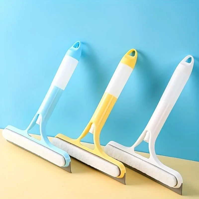 Set of window squeegee wipers in white, blue, and yellow with rubber edges