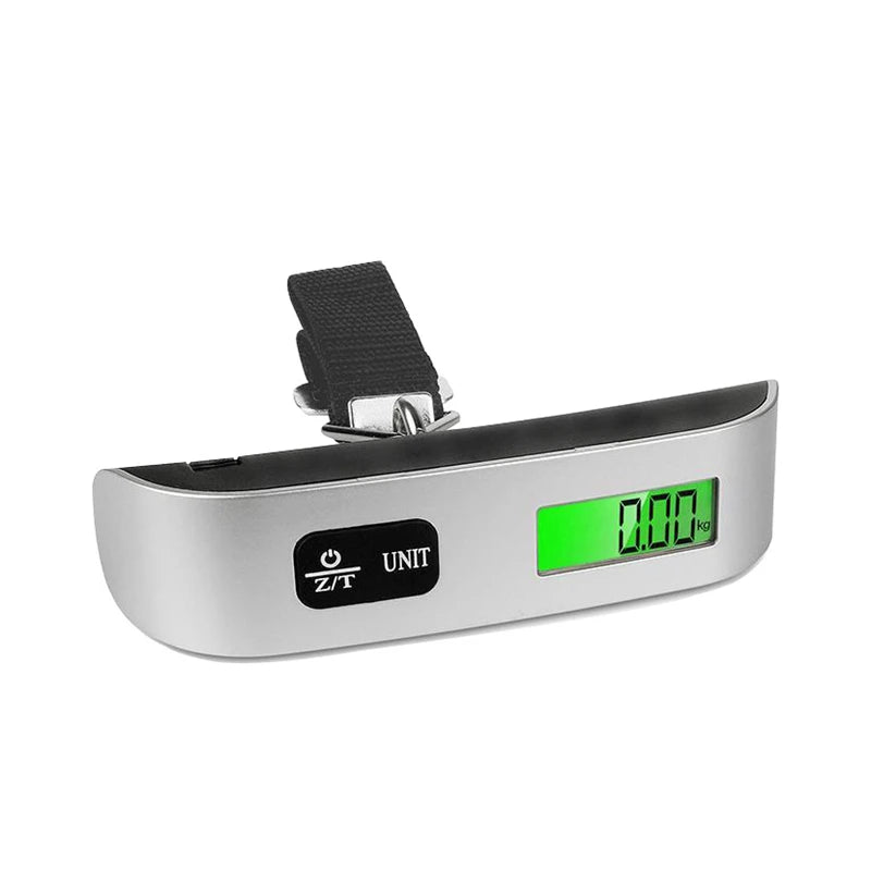 Digital luggage scale with black strap and green LCD display in a side view