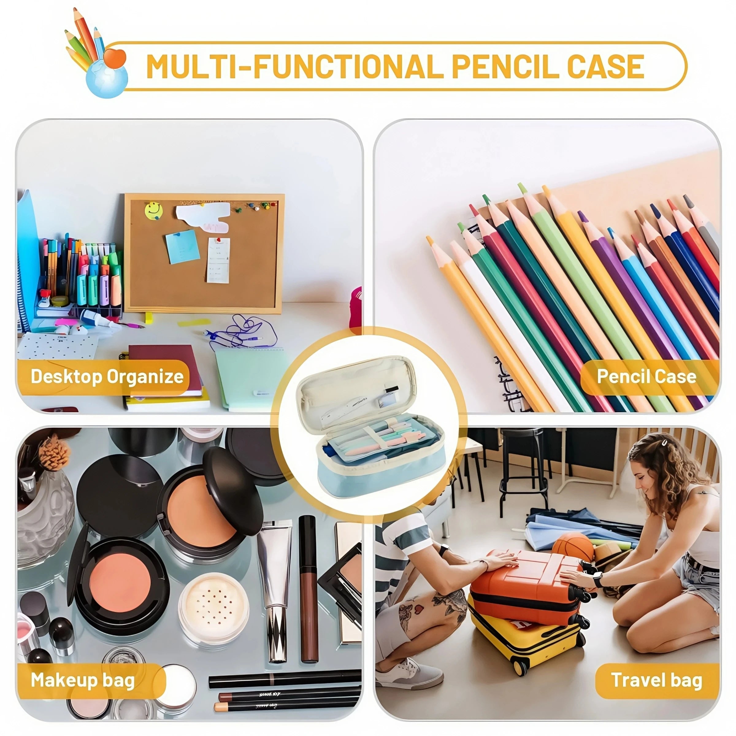 Multi-functional pencil case with fold sections for desktop, pencil, makeup, and travel use