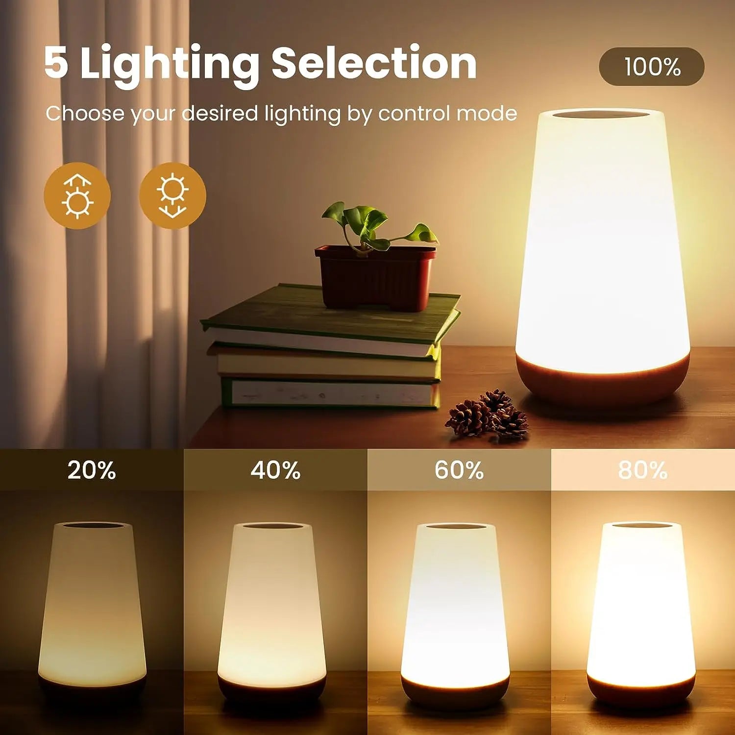 Color-changing night lamp with multiple brightness levels from dim to bright.