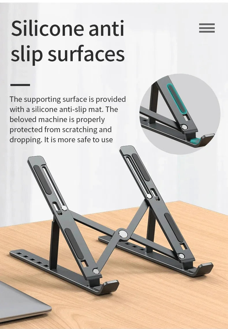 Foldable laptop stand with anti-slip silicone support pads and bracket base