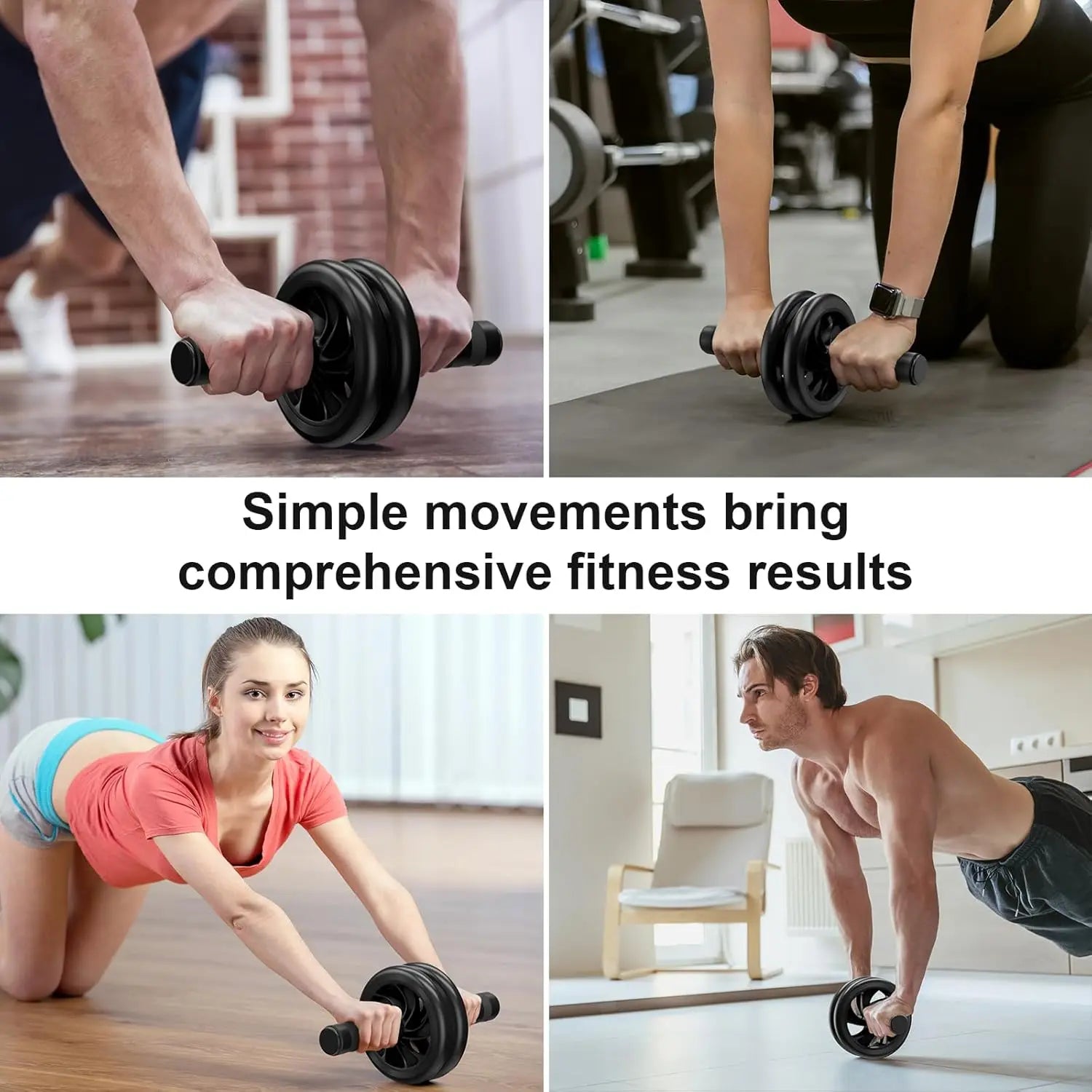 Dual-wheel abdominal roller with black wheels and foam handles used for workouts
