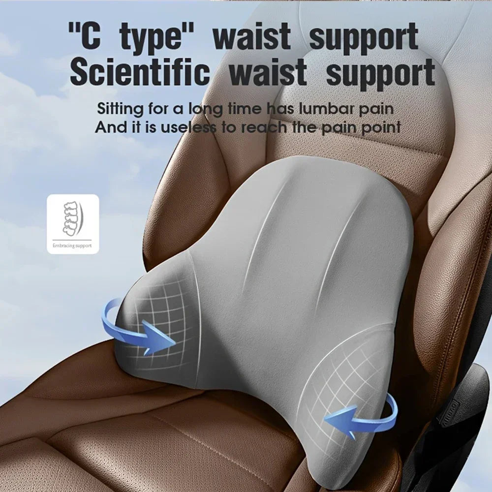 Gray waist support lumbar cushion with grid pattern and curved side supports