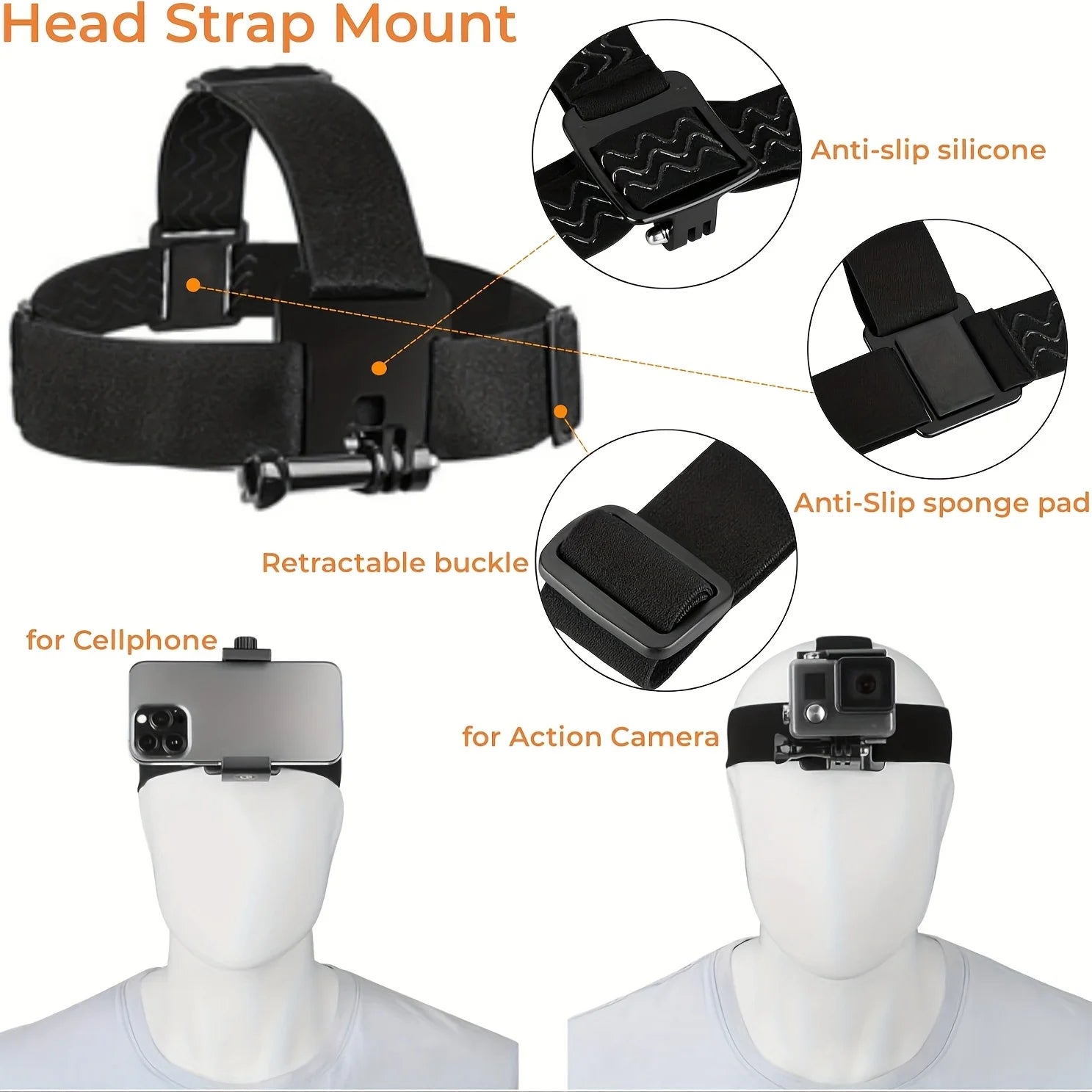 Black head strap mount with anti-slip pads and retractable buckle for action camera