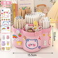 Pink pen holder organizer with bear face graphic, divided sections for stationery