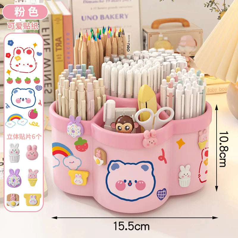 Pink pen holder organizer with bear face graphic, divided sections for stationery