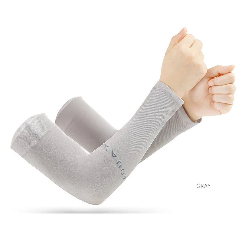Gray UV arm sleeves with thumb opening and elastic cuff