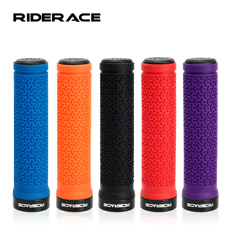 Set of MTB bicycle handlebar grips in blue, orange, black, red, and purple
