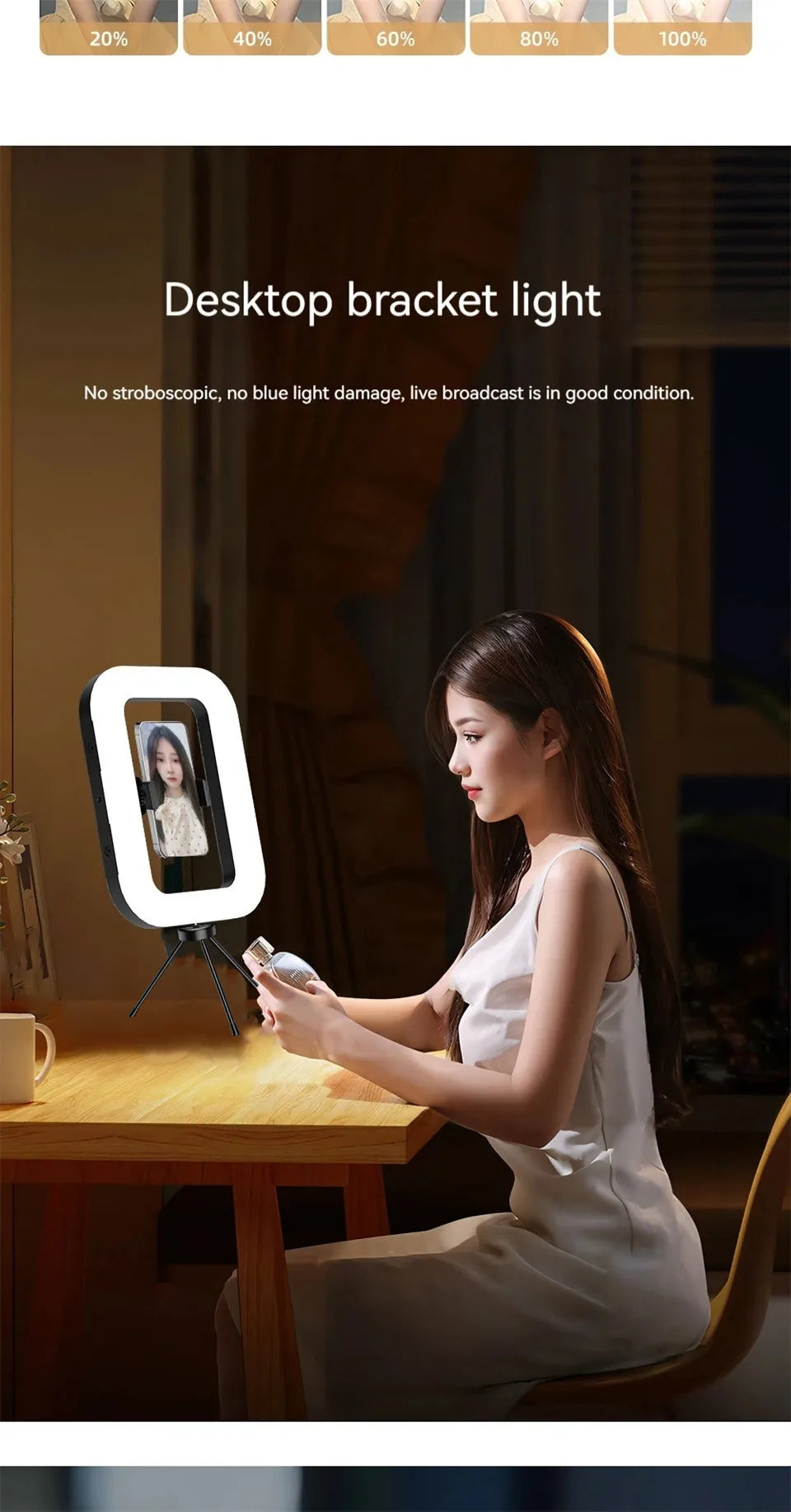 Desktop LED fill light panel with phone mount and tripod stand for tabletop use