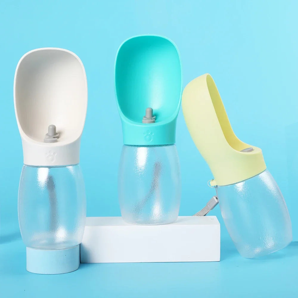 Pet water bottle set with turquoise and white bottles plus yellow cup holder