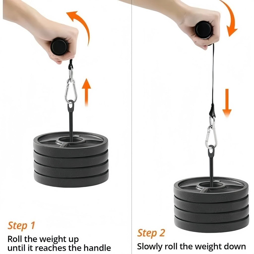 Forearm trainer showing step-by-step rope control rolling weight up and down