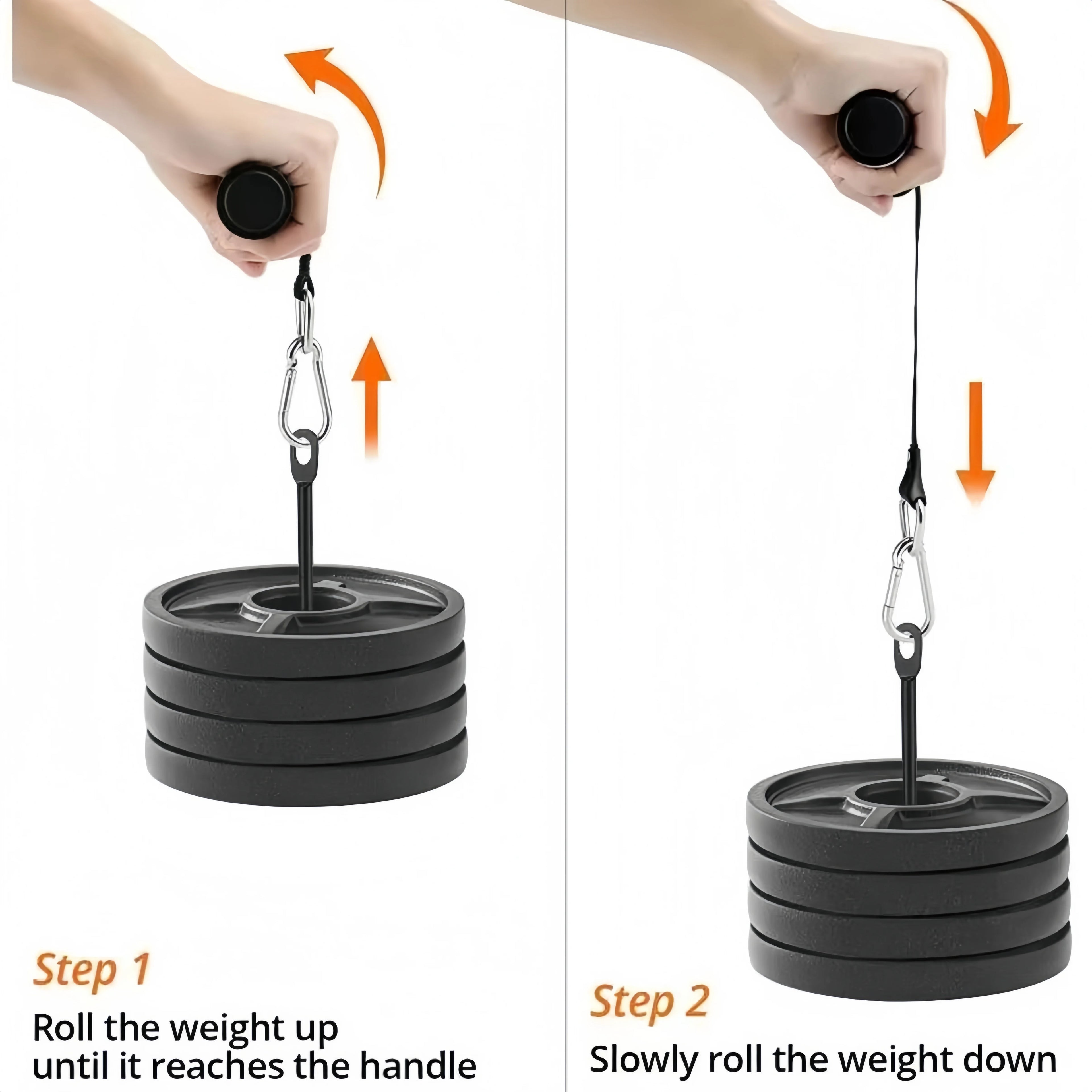 Forearm trainer showing step-by-step rope control rolling weight up and down