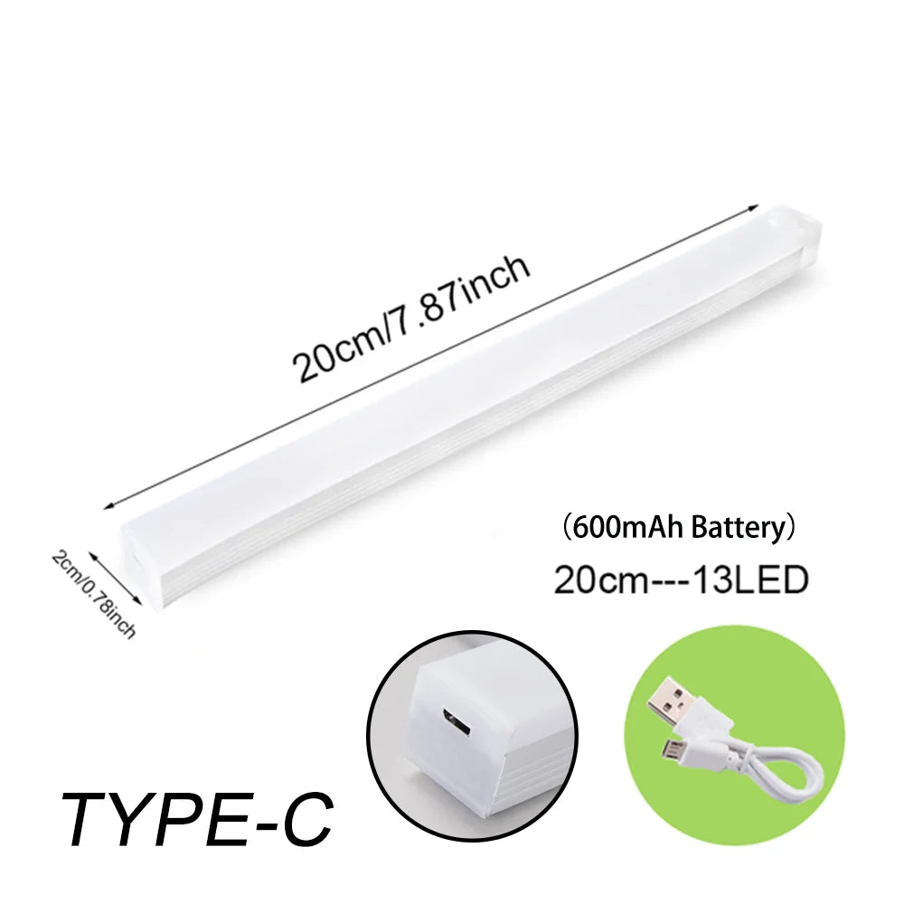 Rechargeable Type-C motion sensor LED night light bar, 20cm, 13 LEDs, white housing.