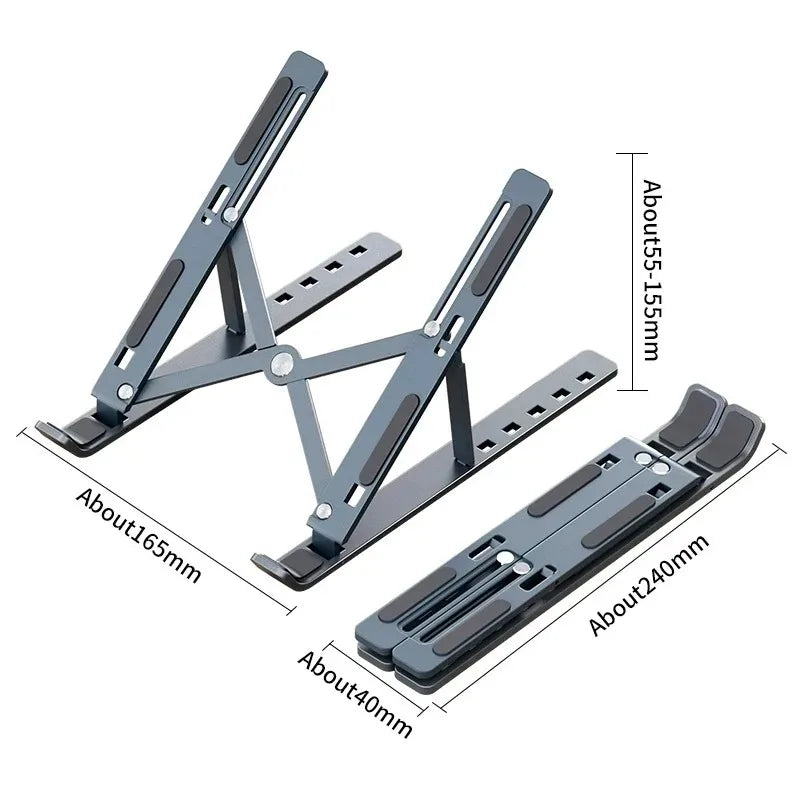 Collapsible aluminum laptop stand with multiple height holes and broad anti-slip pads.