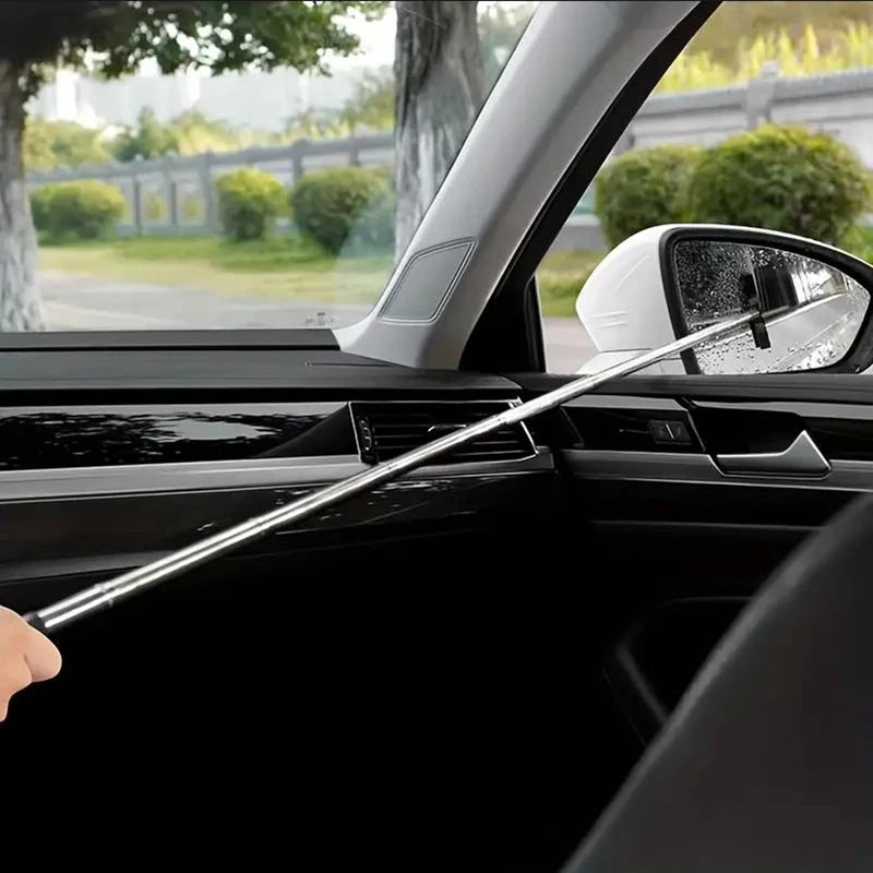Telescopic rearview mirror scraper tool with long metal handle and black wiper head