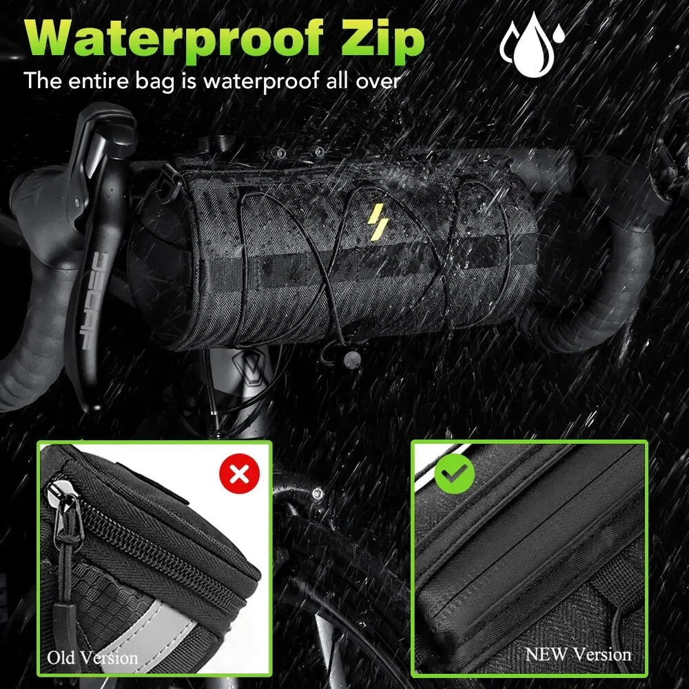 Black waterproof bicycle handlebar bag with covered zipper seam and textured fabric