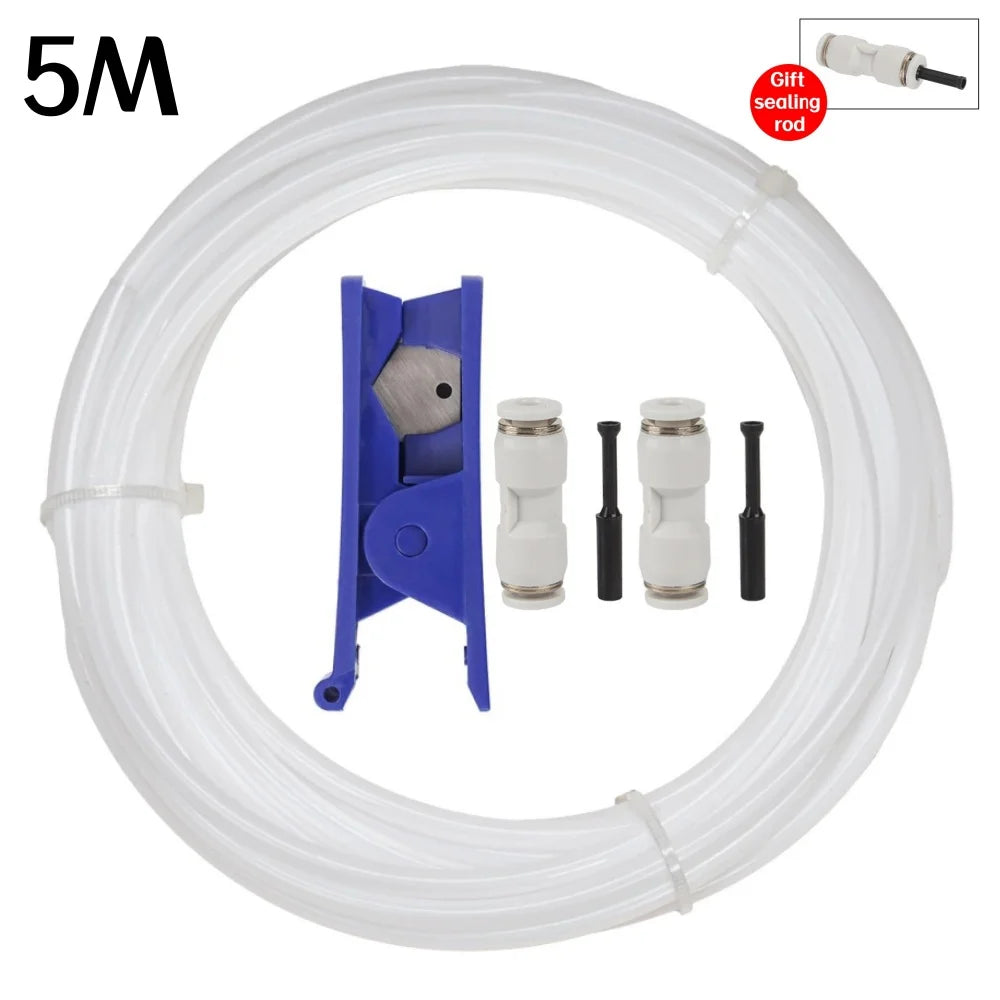 White transparent PTFE tube coil with fittings and blue bracket, 5 m set