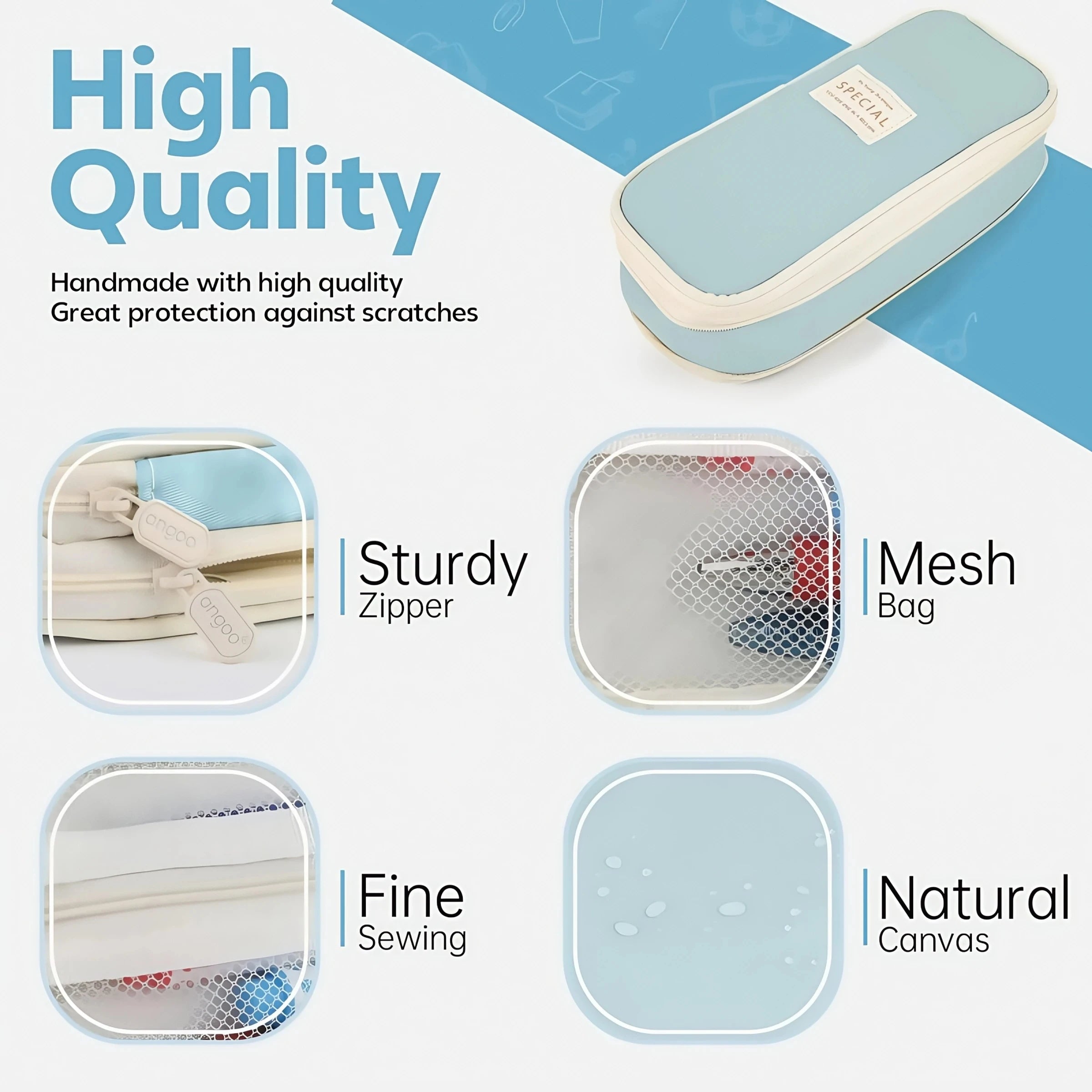 Sky blue pencil case with sturdy zipper, mesh pocket, and reinforced stitched seams