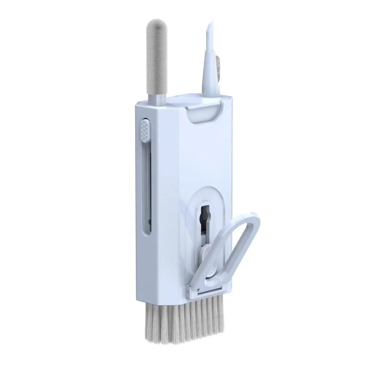 Blue-gray handheld cleaning kit stand with brush and cleaning pen