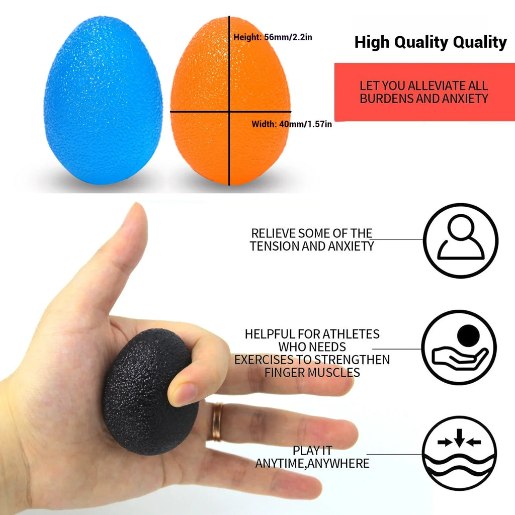 Blue and orange textured egg grip balls with hand holding a black grip ball.