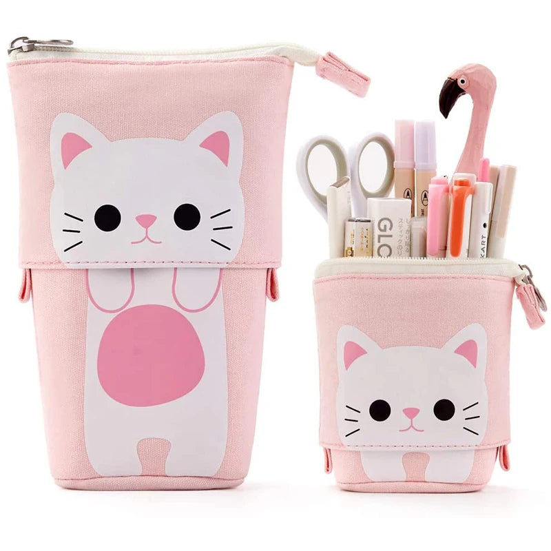 Two pink cat-themed zip pencil pouches with flamingo keychain accents